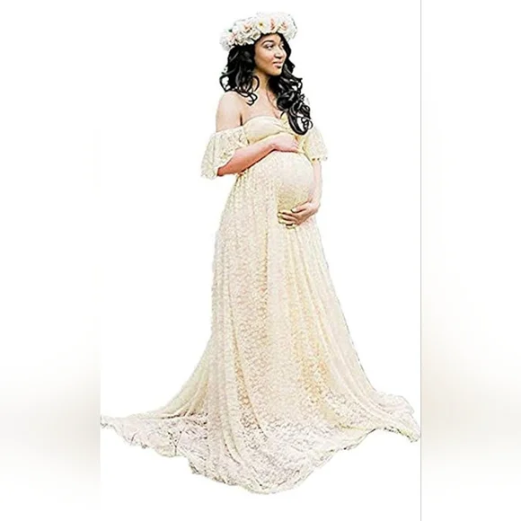 knee length dresses for ladies PinkBlush White Lace Mesh Overlay Maternity Maxi Dress main image 1